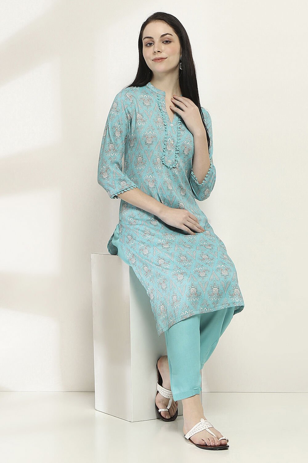 Yellow Printed Straight Kurta Set image number 0