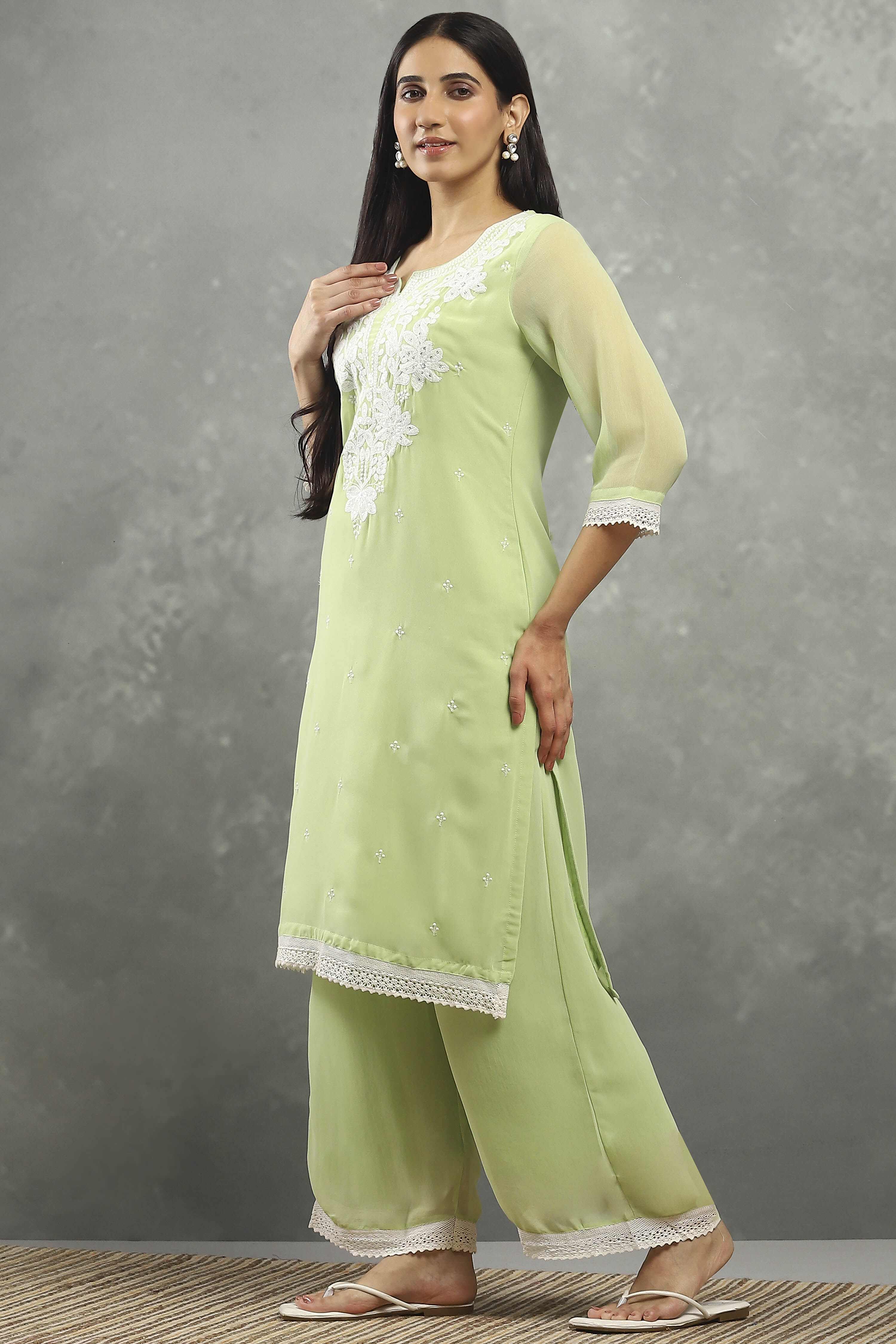 Green Polyester Straight Kurta Pants Set image number 3