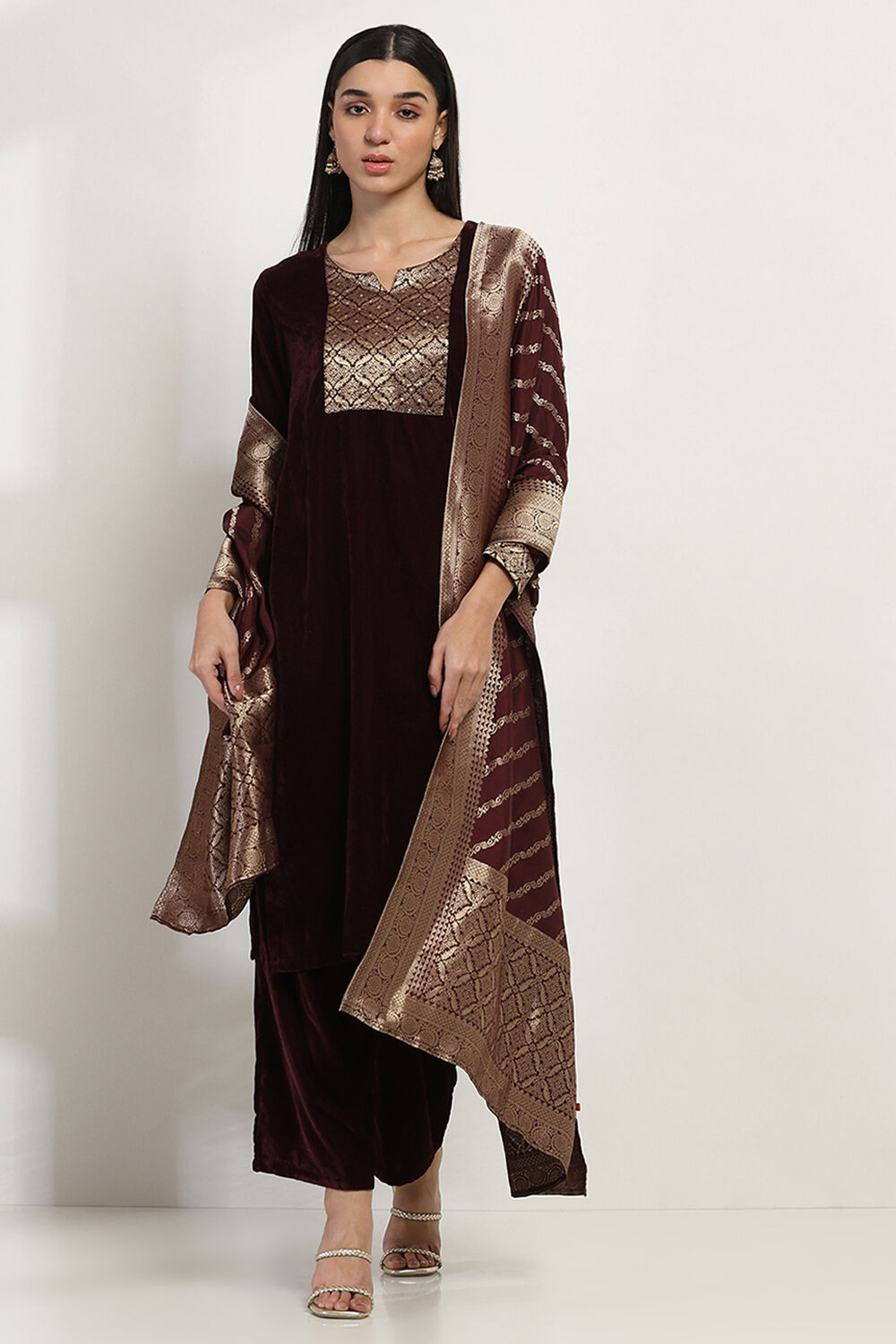 Wine Poly Velvet Straight Solid Kurta Palazzo Suit Set image number 0