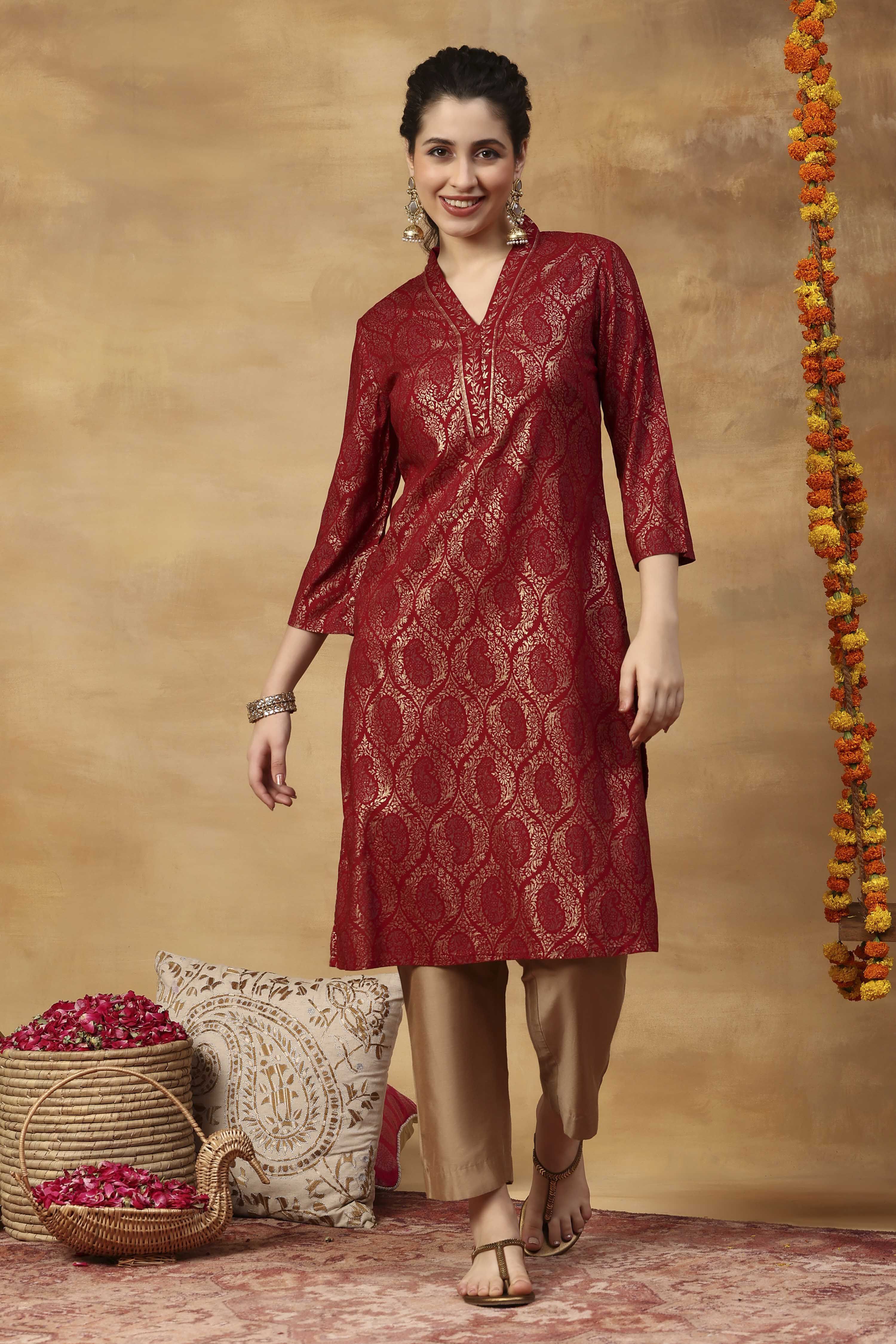 Red Printed Viscose Rayon Straight Kurta image number 5