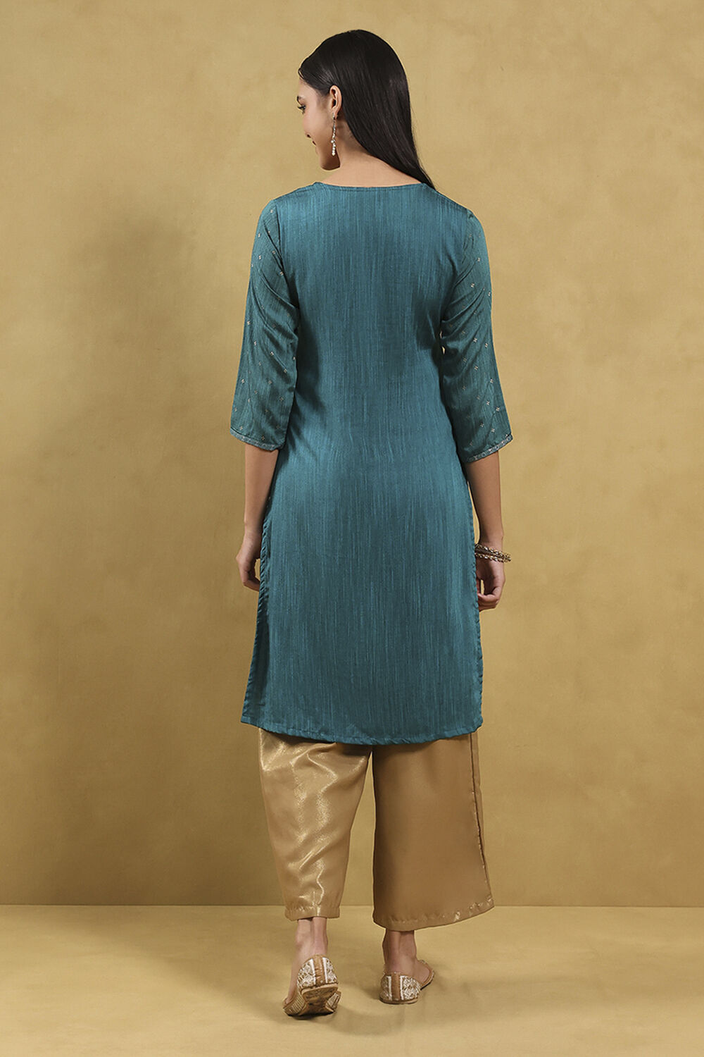 Teal Blue Printed Straight Kurta image number 3
