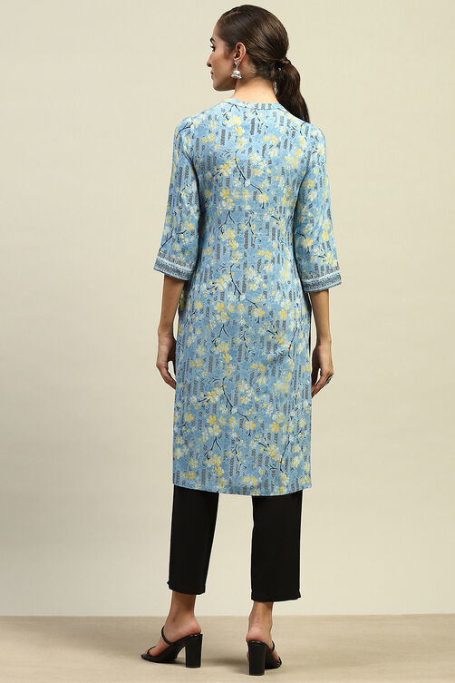 Aqua Rayon Printed Straight Kurta image number 3