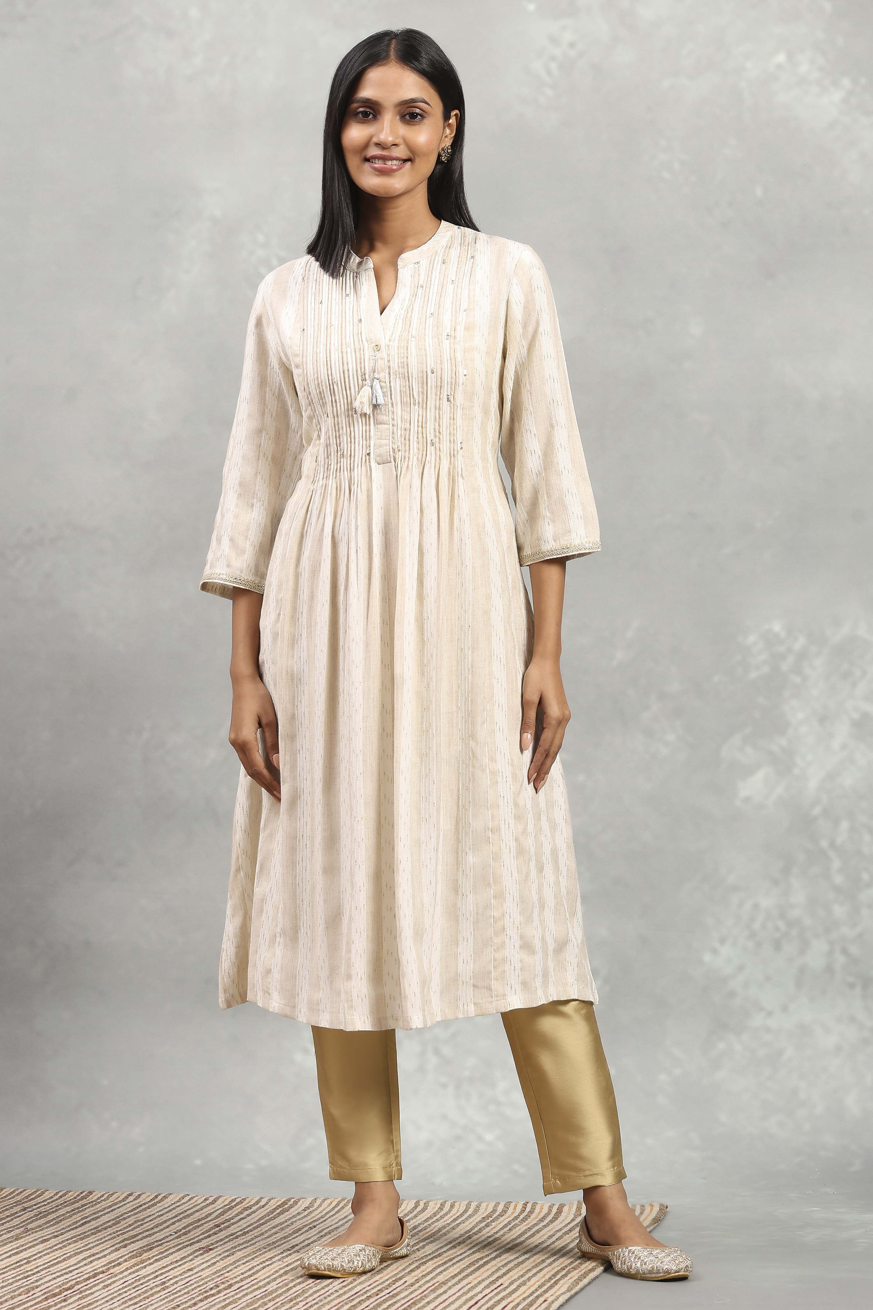 Beige Cotton Yarndyed Straight Kurta image number 5