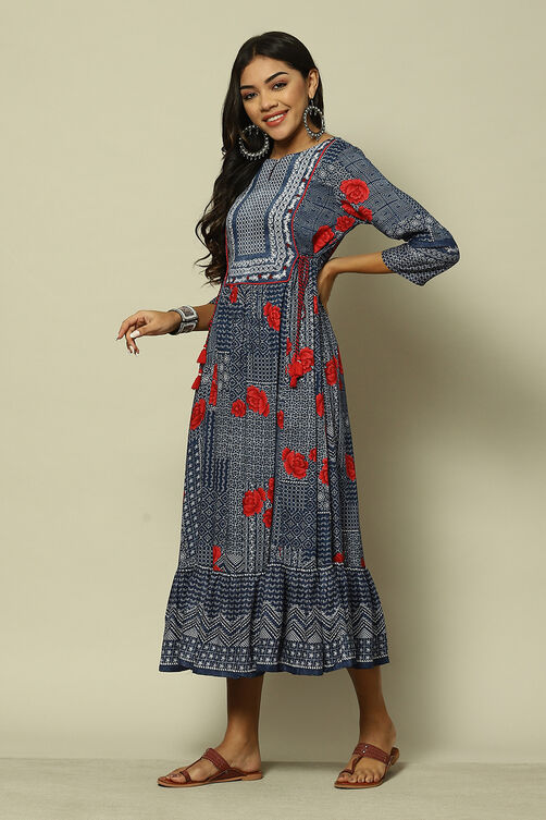 Indigo Blue LIVA Kalidar Printed Dress image number 2