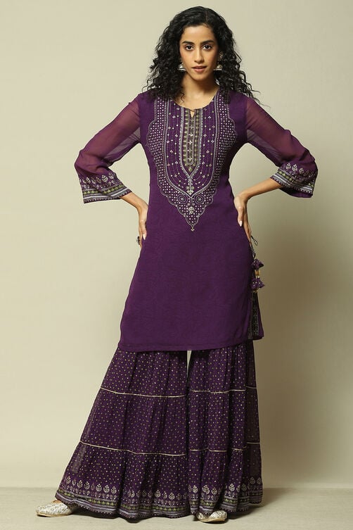 Purple Polyester Straight Printed Kurta Sharara Suit Set image number 0