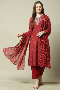 Deep Red Bandhani Straight Kurta & Salwar Suit Set image number 0