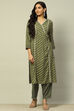 Olive Green Viscose Printed Pleated Straight Suit Set image number 6
