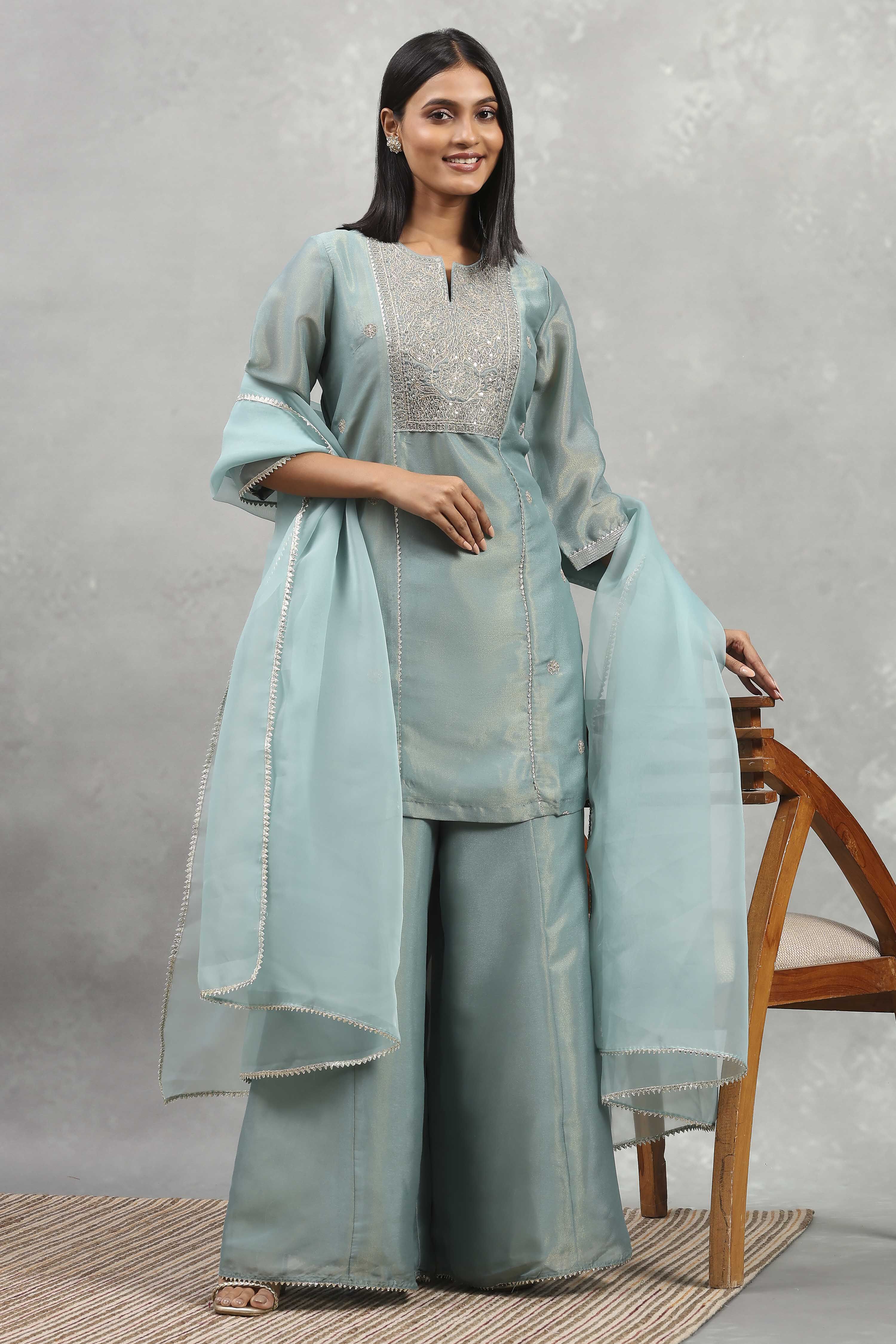 Dust Blue Tissue Solid Straight Suit Set image number 0