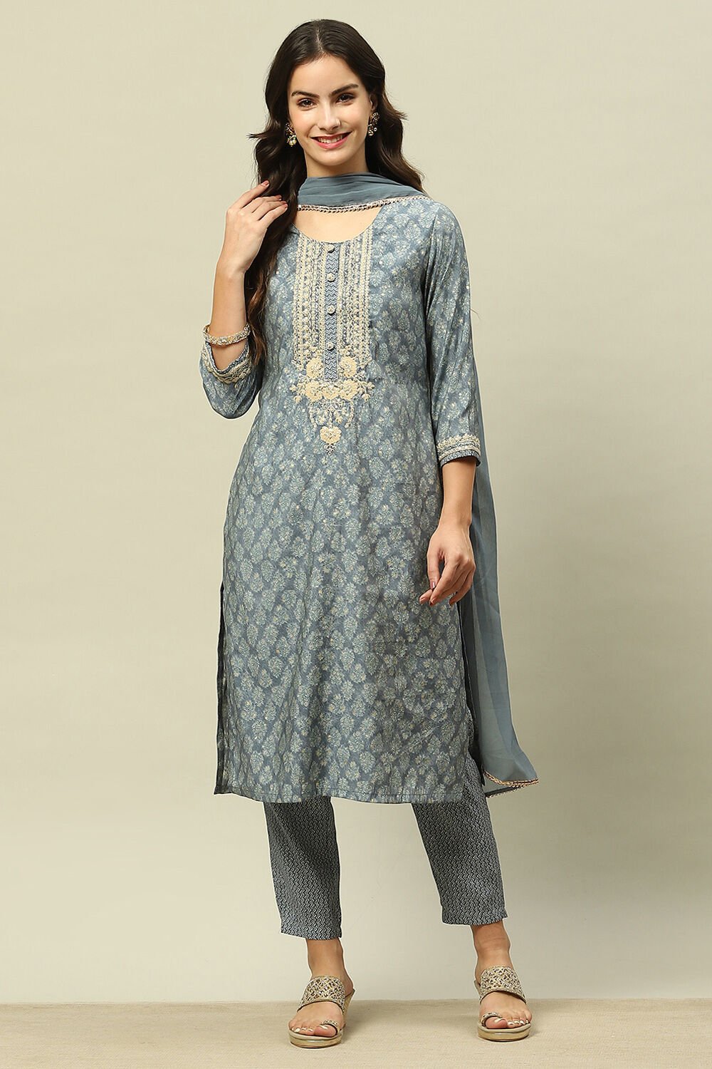 Blue Viscose Muslin Straight Printed Kurta Pants Suit Set image number 6