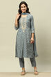 Blue Viscose Muslin Straight Printed Kurta Pants Suit Set image number 6
