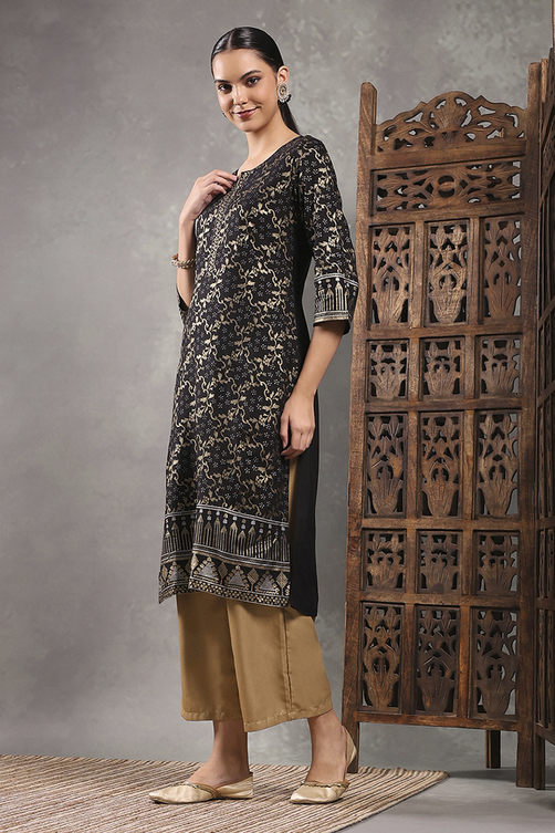 Black Printed Straight Kurta image number 2