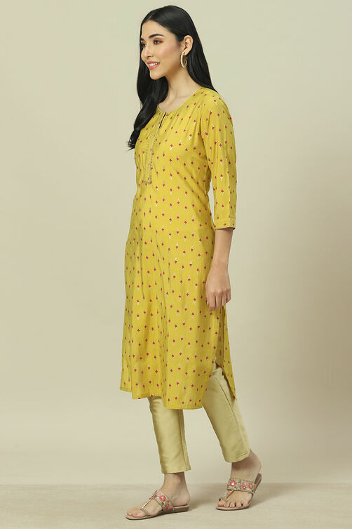 Lime Green LIVA Straight Kurta image number 2