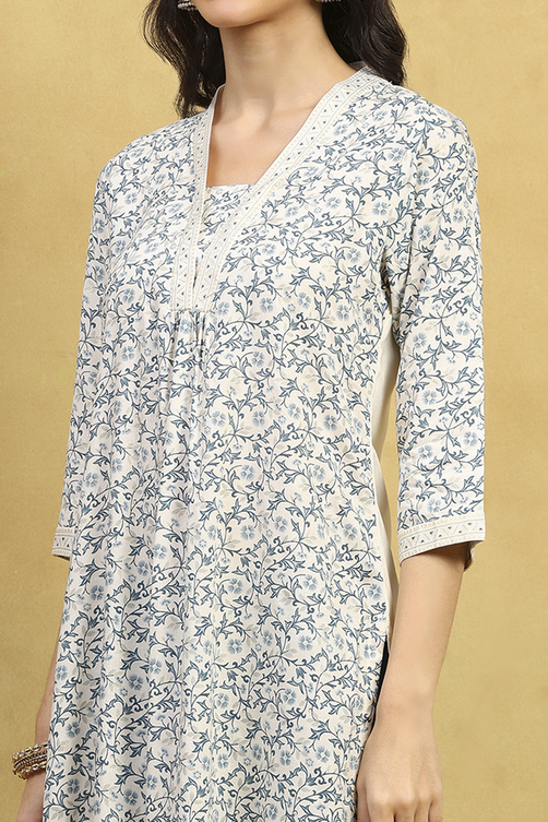 White and Blue Printed Straight Kurta image number 1