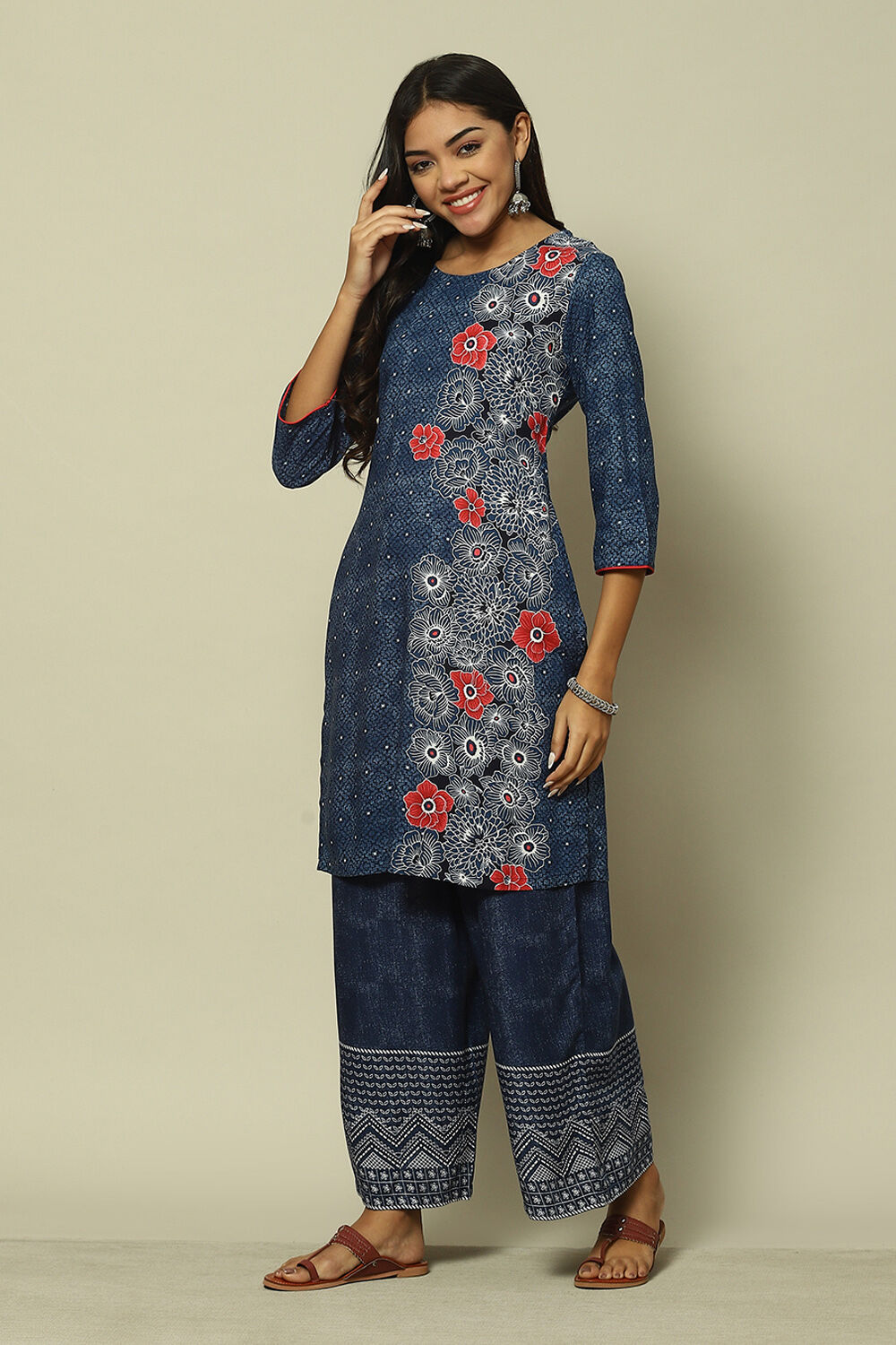 Indigo Blue LIVA Straight Printed Kurta image number 2