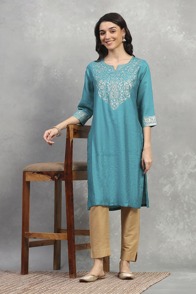 Rangriti Teal Viscose Blend Solid Straight Kurta in Teal