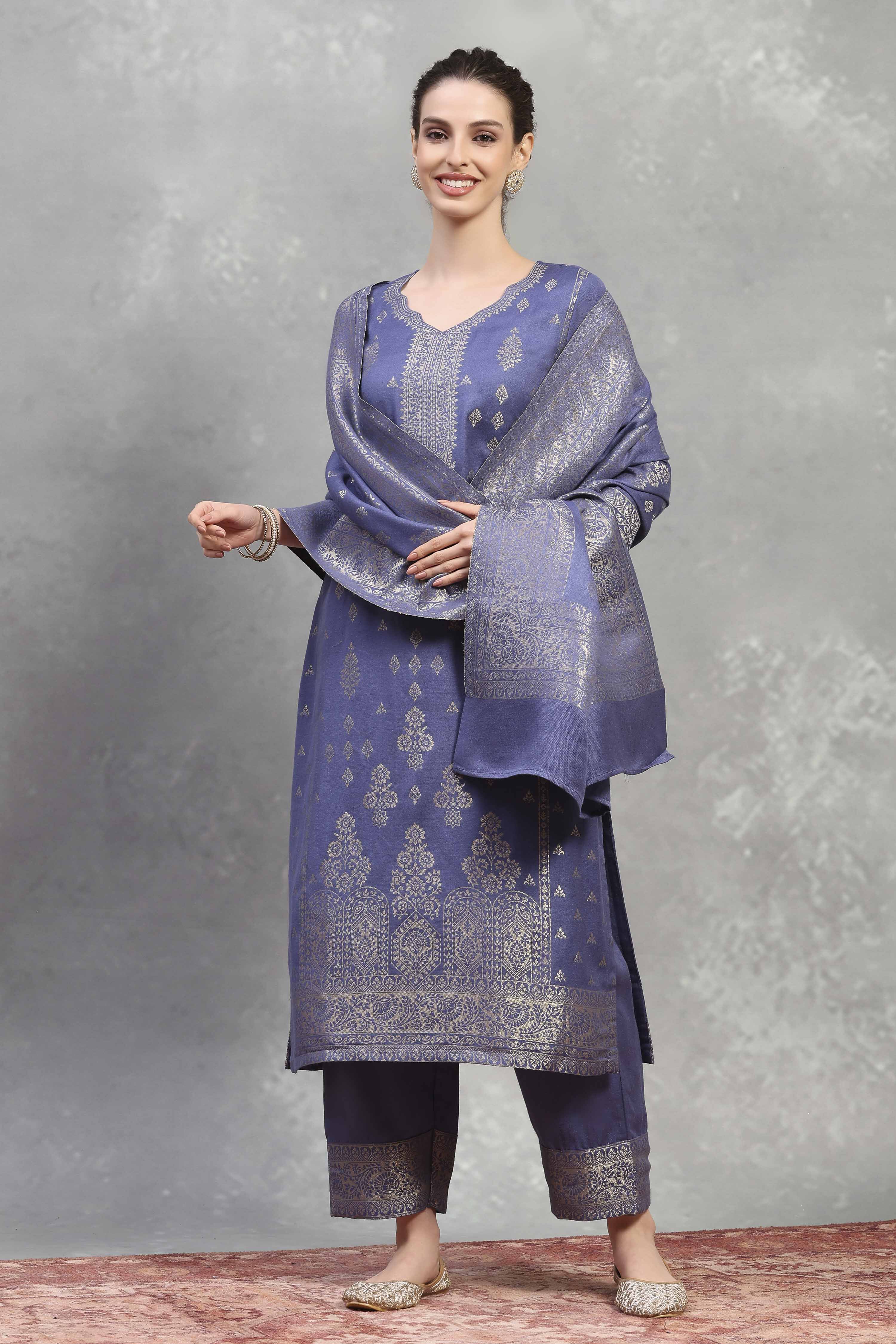 Blue Polyester Yarndyed Straight Suit Set image number 0