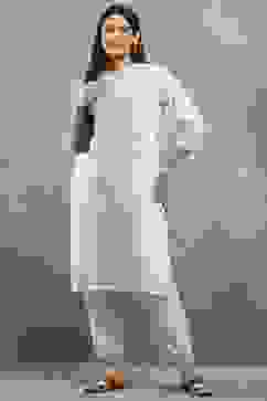 Off White Polyester Straight Kurta Pants Set image number 6