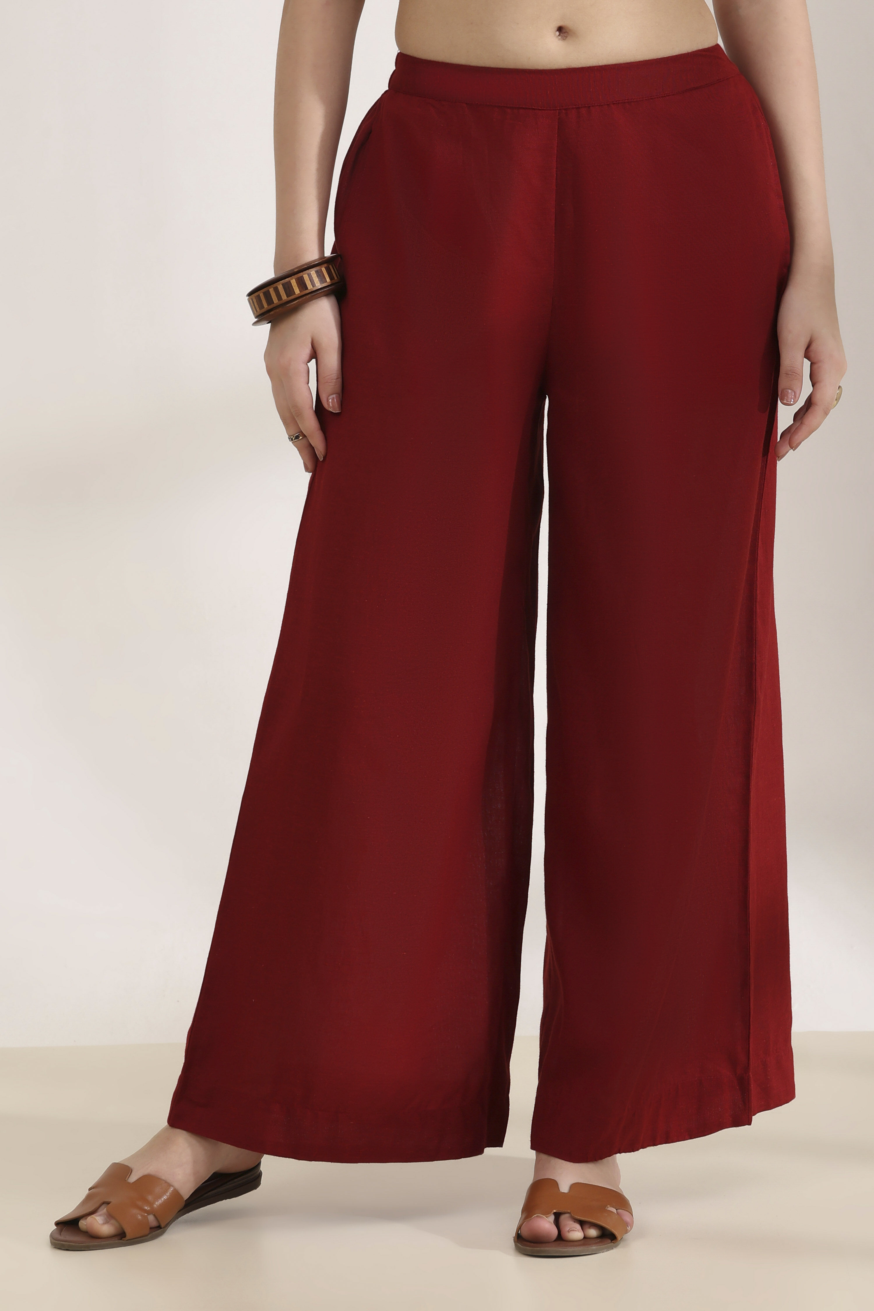 Maroon Rayon Straight Palazzos image number 4