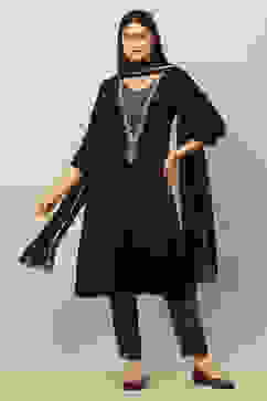 Black Viscose Blend Straight Solid Kurta Pants Suit Set image number 0