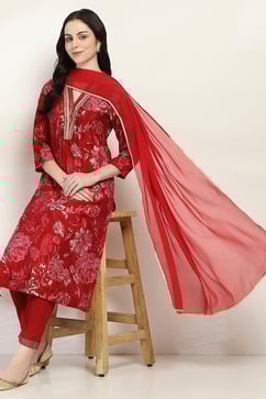 Red Printed Straight Suit Set image number 0