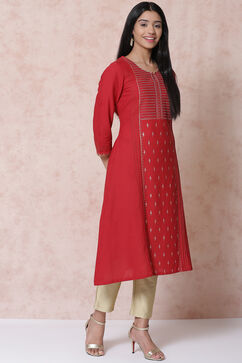 Red Cotton Flax A Line Kurta image number 2