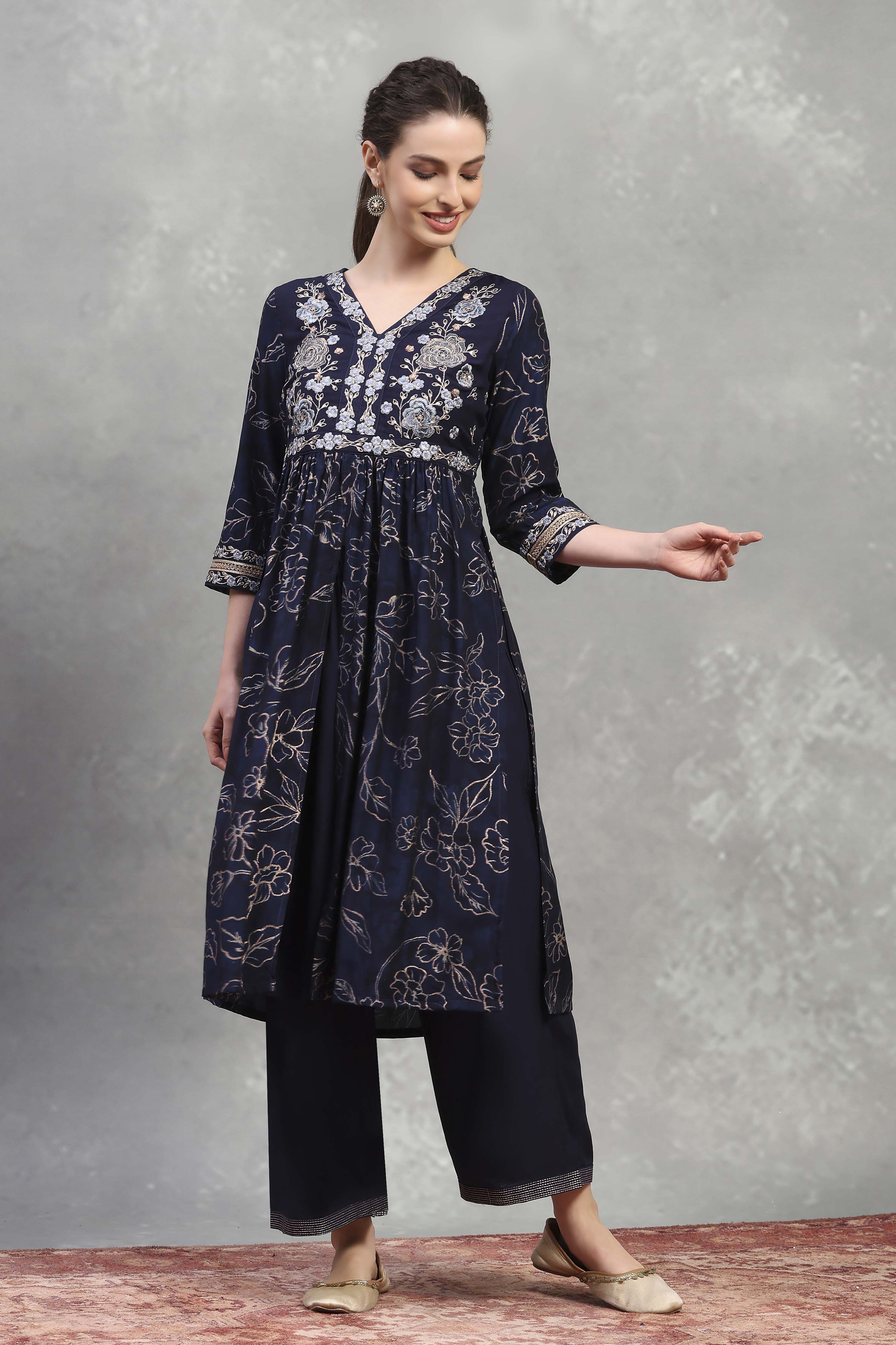 Indigo Blue Viscose Blend Printed Gathered Kurta Pants Set image number 0