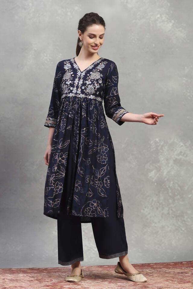 Rangriti Viscose Blend Kurta Set in Indigo Blue