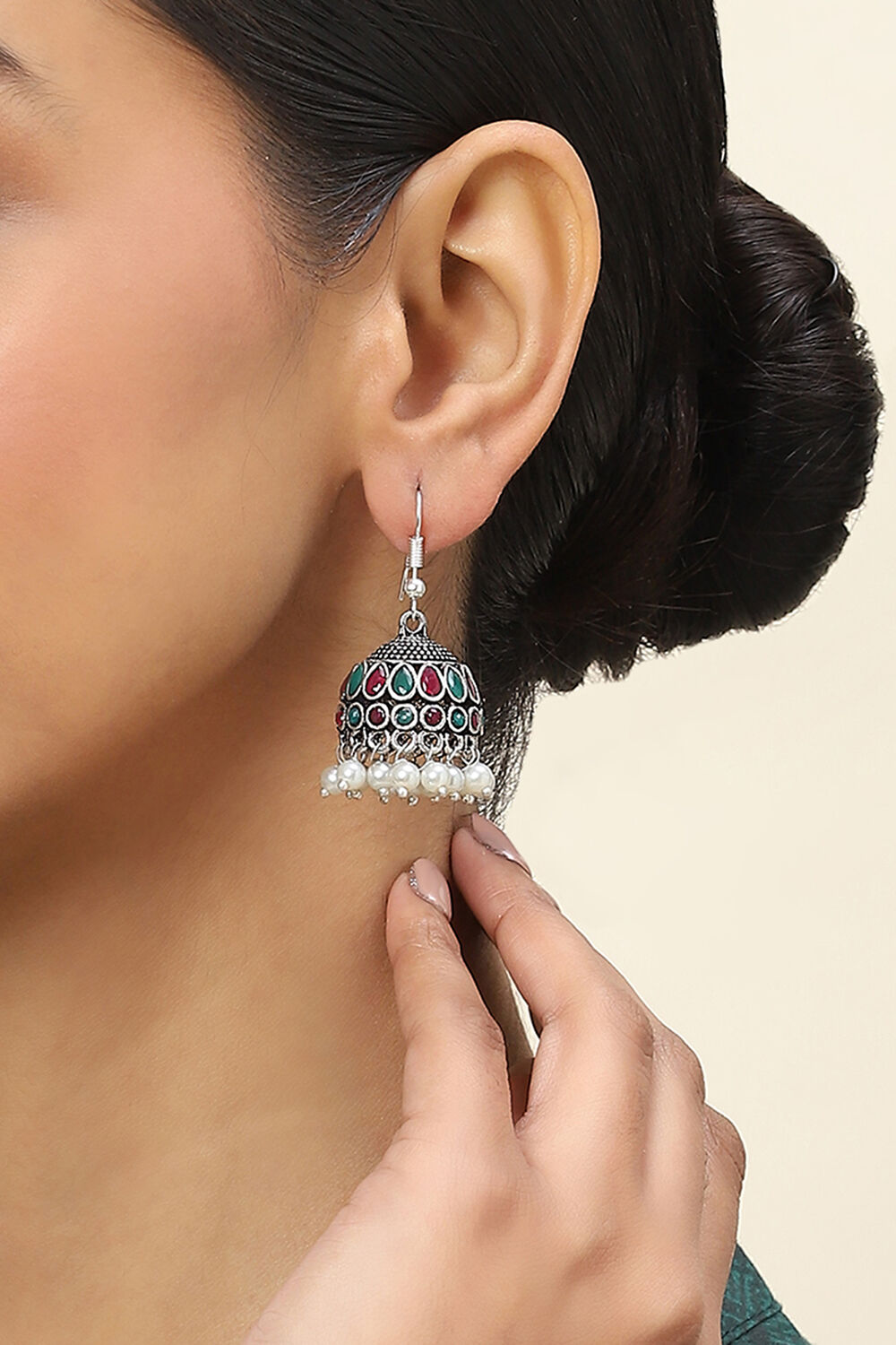 Pink-Green Alloy Jhumkas image number 1