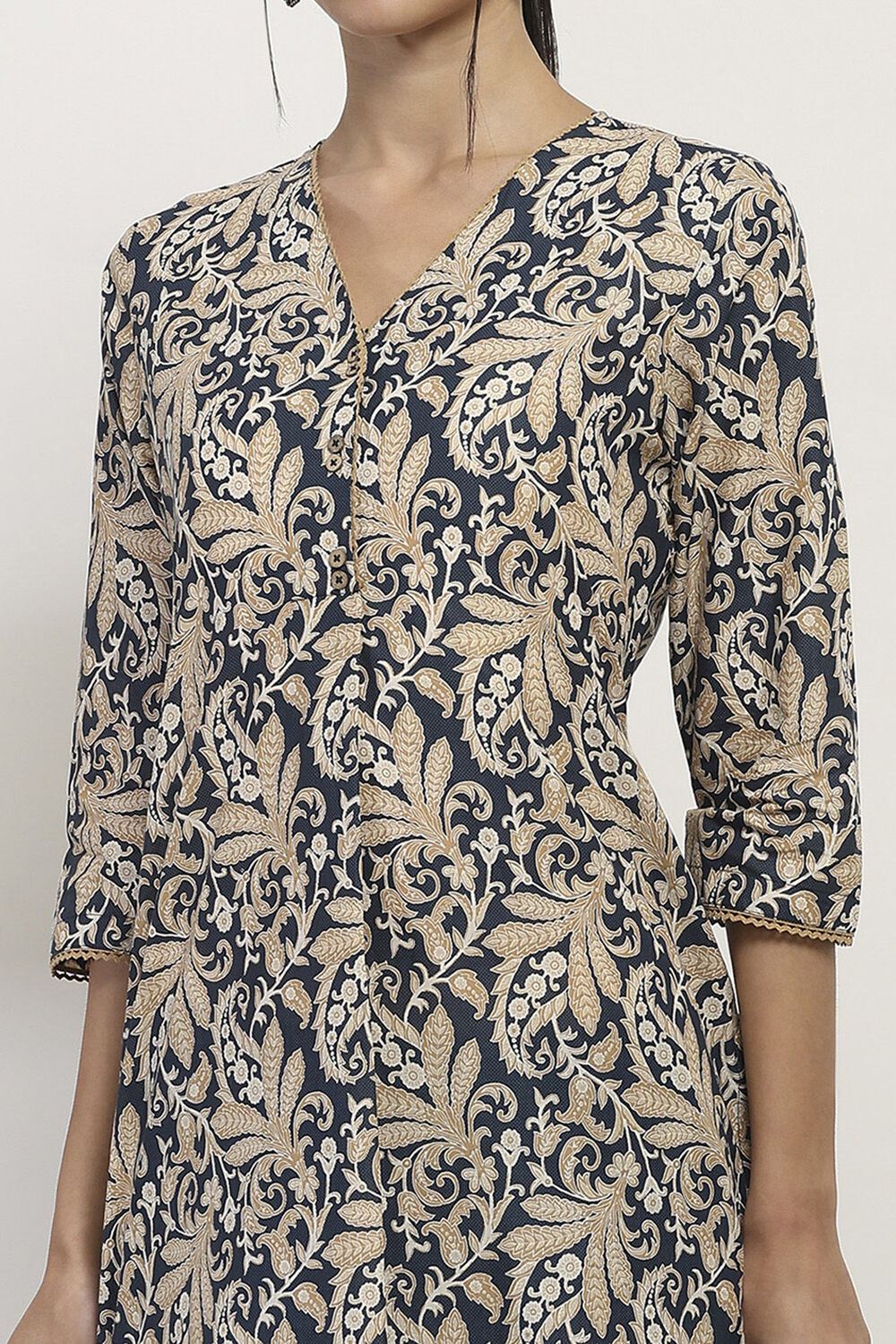 Blue and Beige Cotton Straight Kurta image number 1