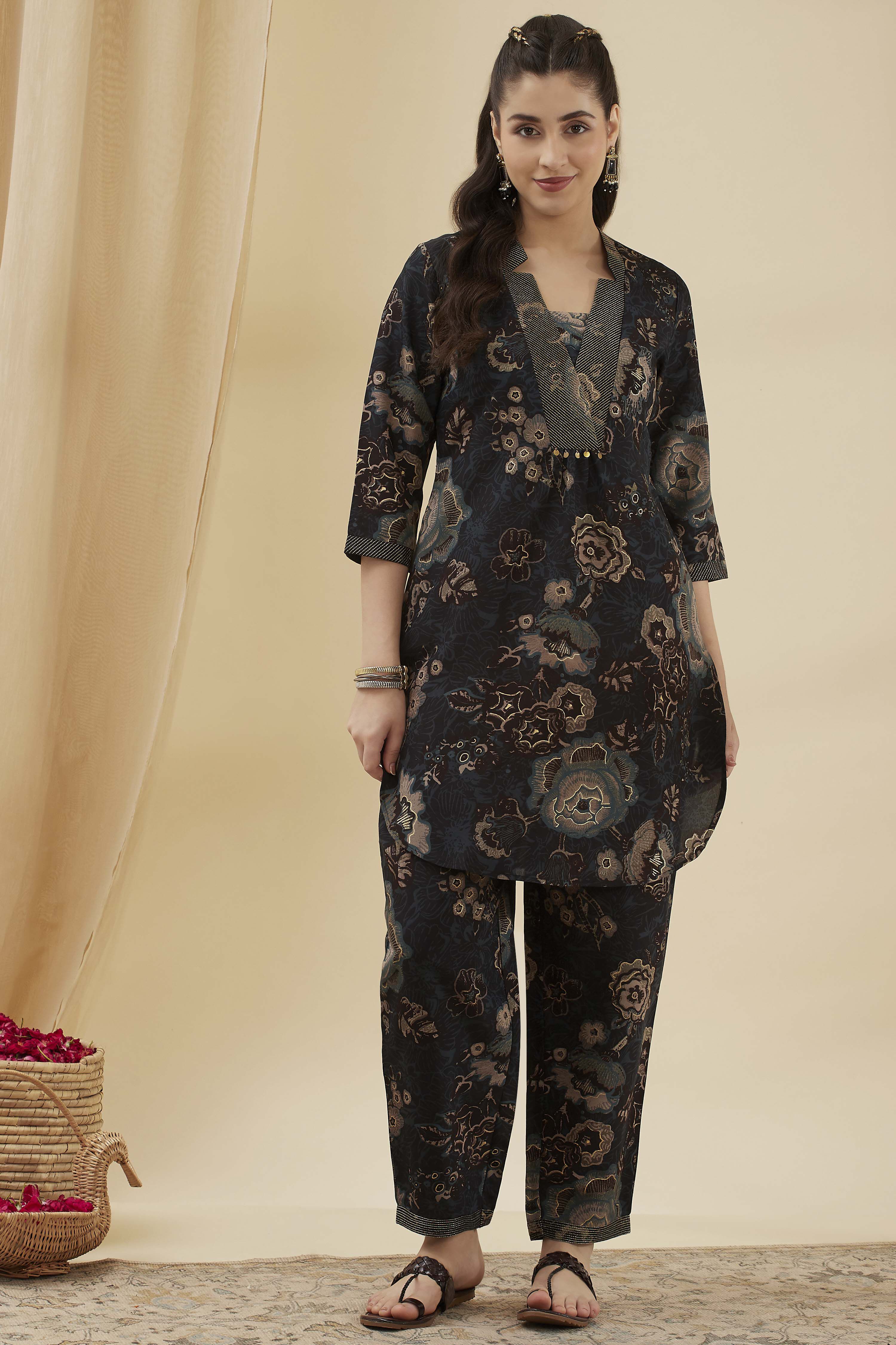 Navy Viscose Blend Printed Straight Kurta Set image number 6
