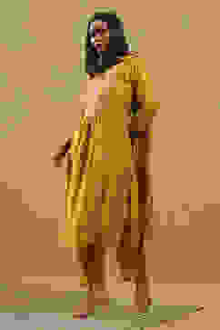 Mustard Yellow Pleated Straight Suit Set image number 3