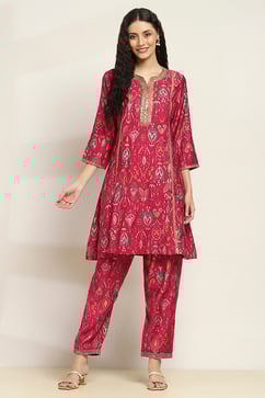 Pink Viscose Blend Printed A-Line Kurta Pants Set image number 6