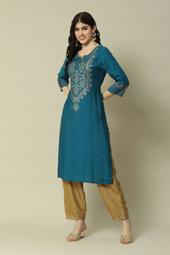 Aqua Blue LIVA  Straight Printed Kurta image number 2