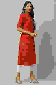 Red Cotton Staight Kurta image number 4