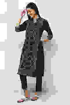 Navy Blue Cotton Printed Straight Kurta image number 2