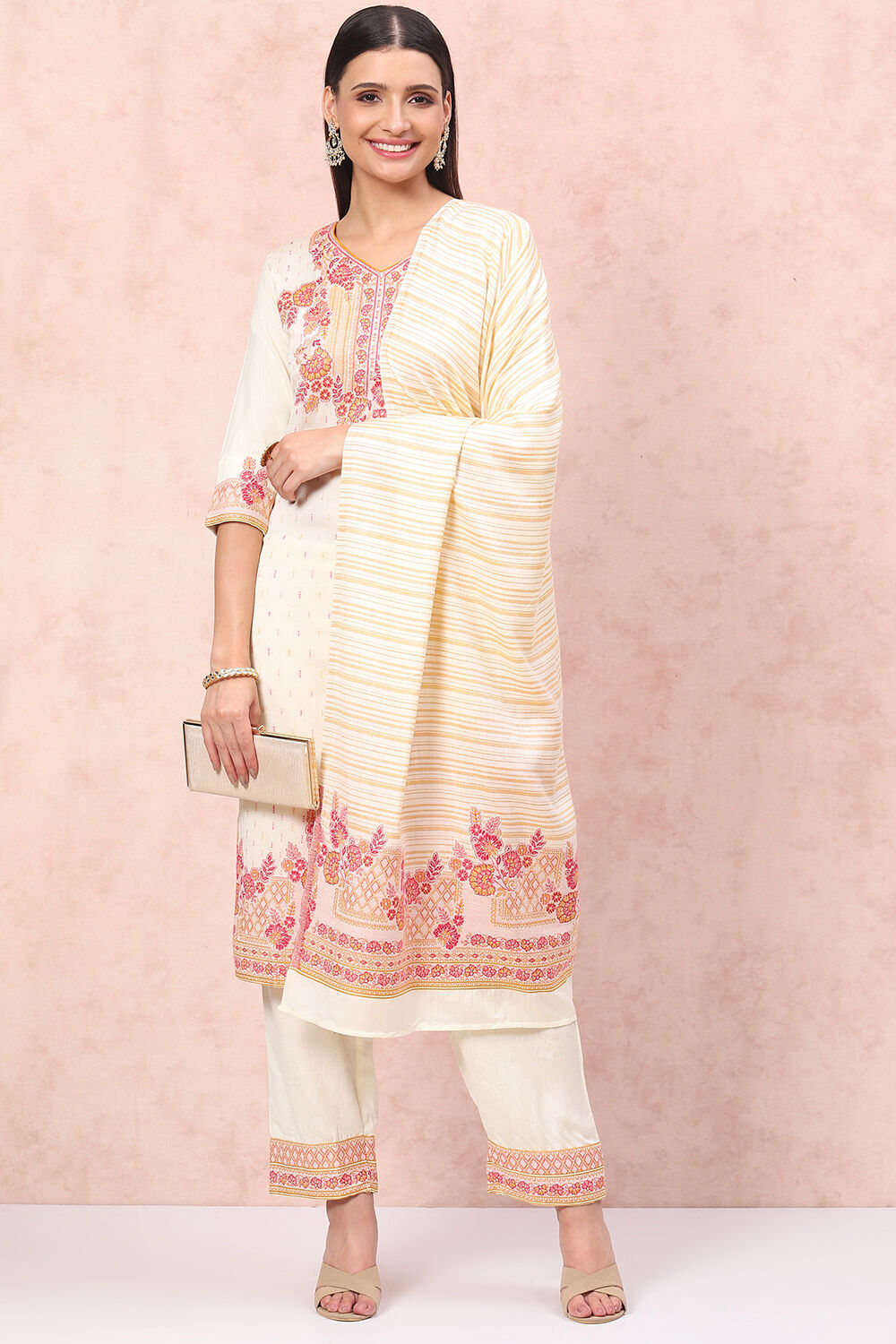 Cream Art Silk Straight Suit Set image number 0