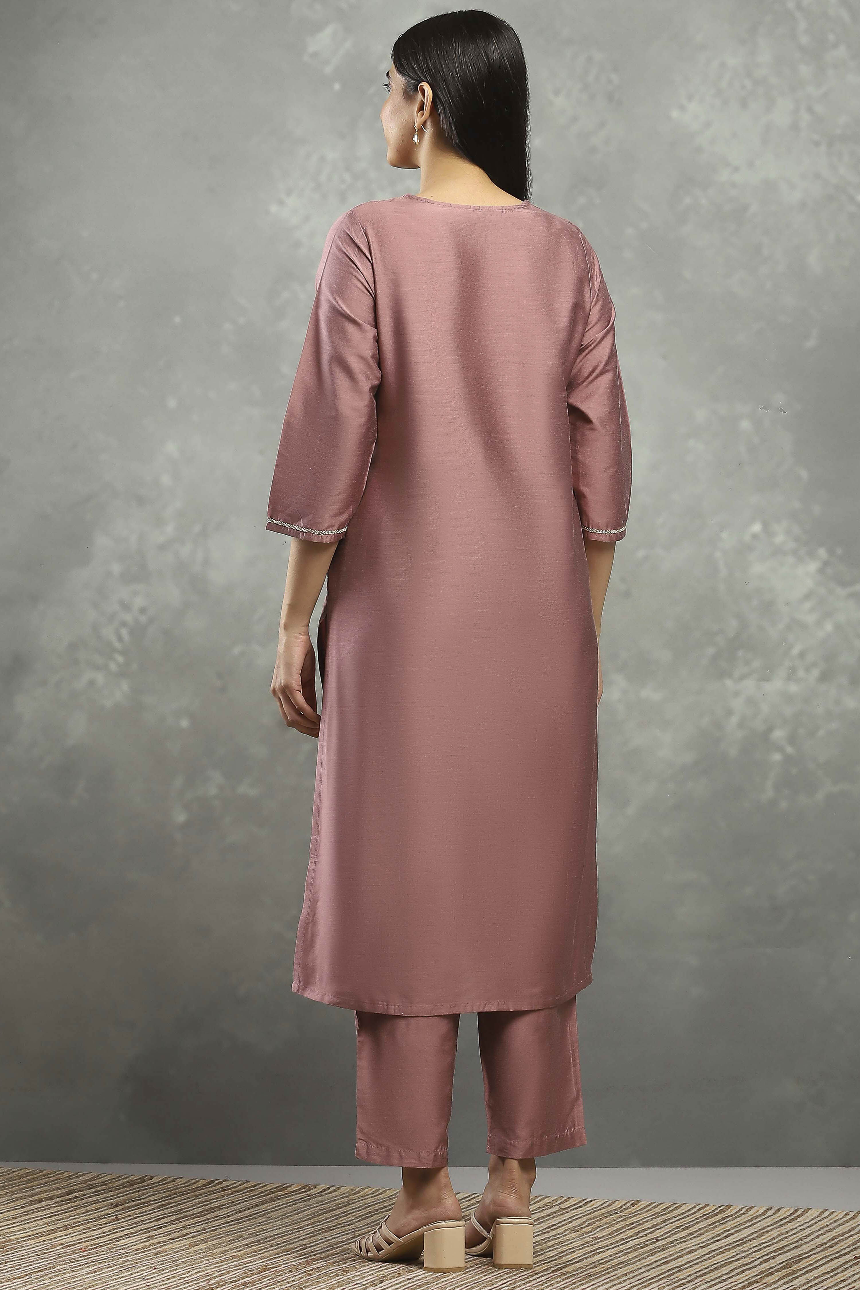 Rose Pink Viscose Blend Solid Straight Kurta Pants Set image number 4