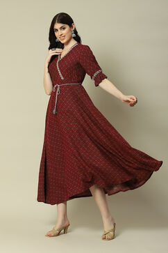 Maroon Cotton Blend Printed Dress image number 2
