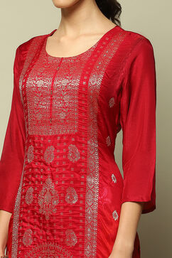 Pink Viscose Blend Straight Yarn Dyed Kurta Slim Pants Suit Set image number 1