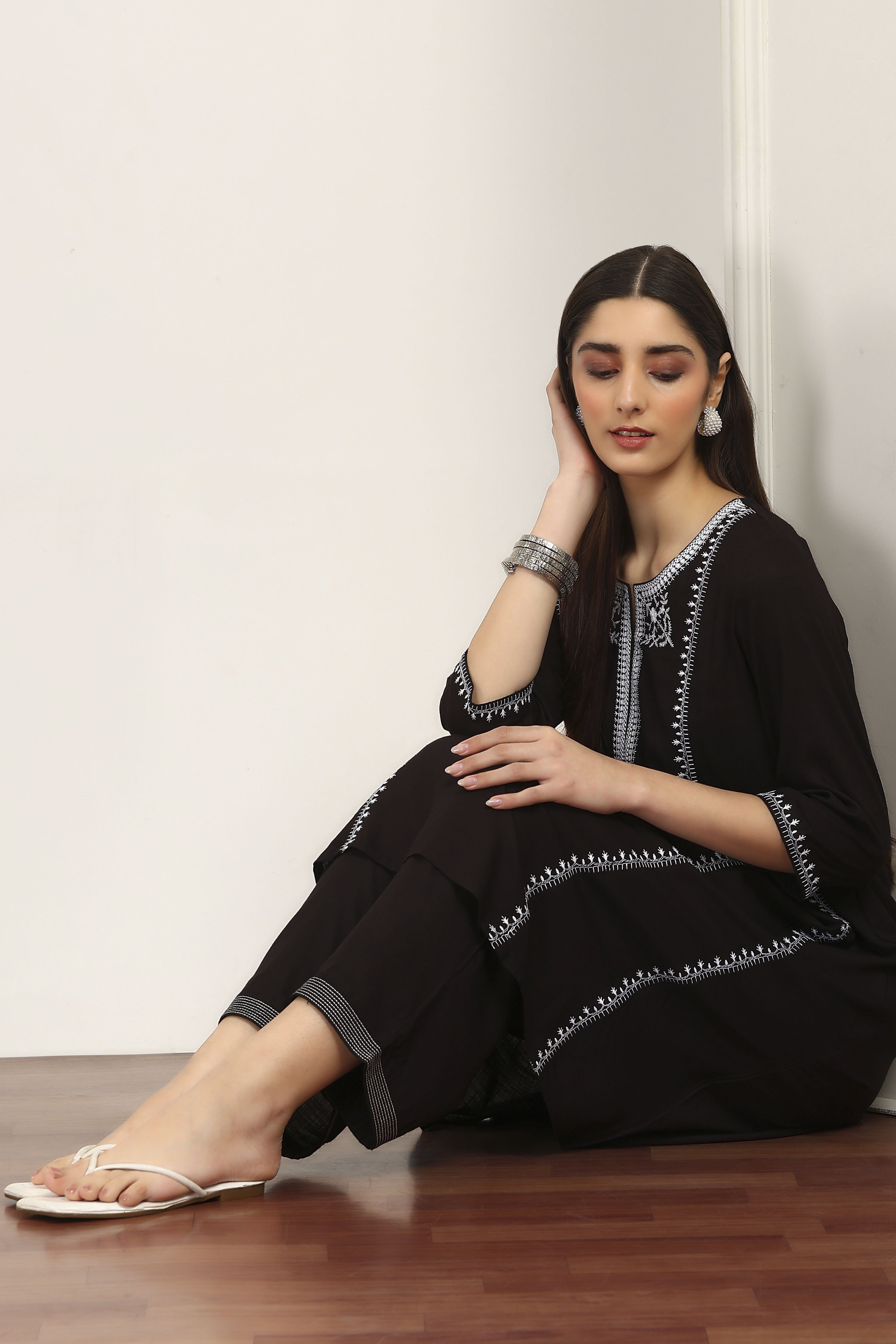 Black Rayon Viscose Rayon Kurta Pants Set image number 0