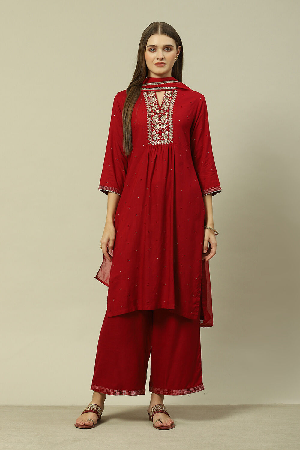 Red LIVA Straight Printed Kurta Palazzo Suit Set image number 7