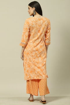 Orange LIVA Woven Straight Kurta Suit Set image number 4