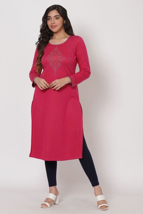 Pink Poly Cotton Jacquard Kurta image number 3