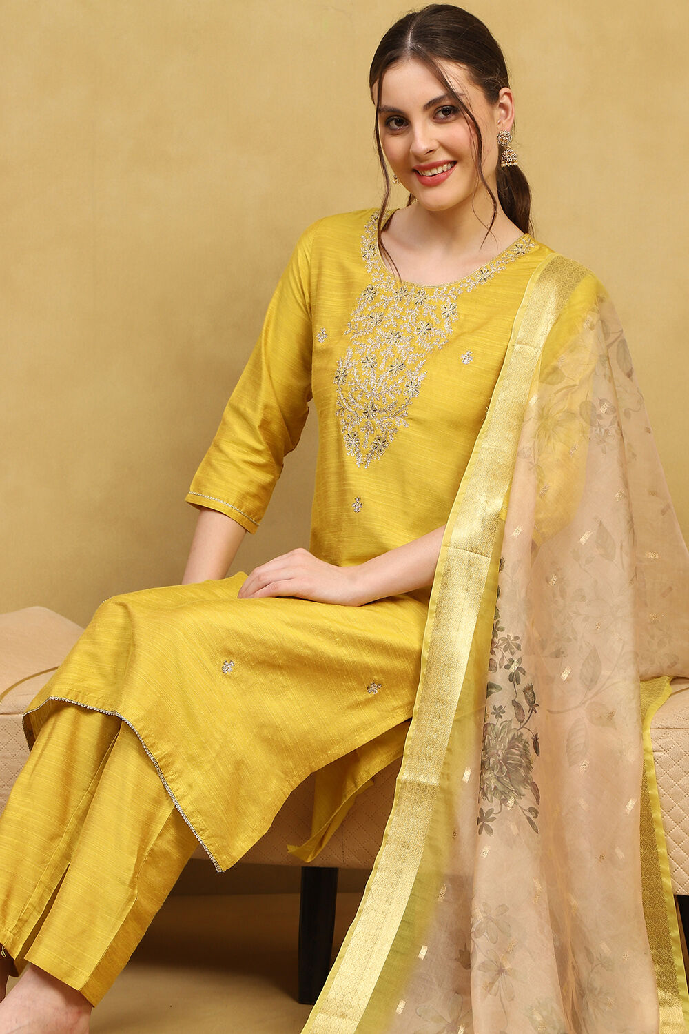 Yellow Viscose Blend Embroidered Straight Suit Set image number 8