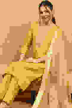 Yellow Viscose Blend Embroidered Straight Suit Set image number 8