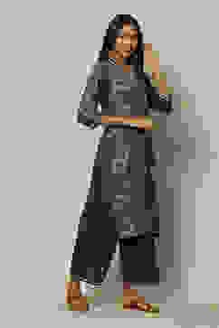 Indigo Blue LIVA Straight Printed Kurta Palazzo Suit Set image number 5