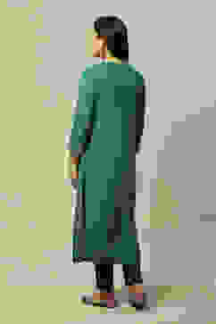 Teal Blue LIVA Straight Printed Kurta image number 3