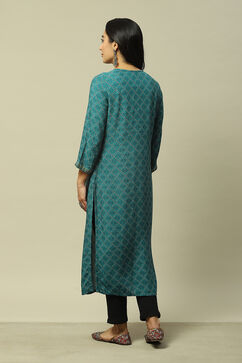 Teal Blue LIVA Straight Printed Kurta image number 3