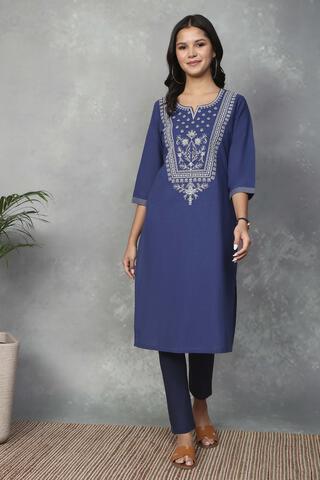 Rangriti Blue Cotton Straight Kurtas in Indigo