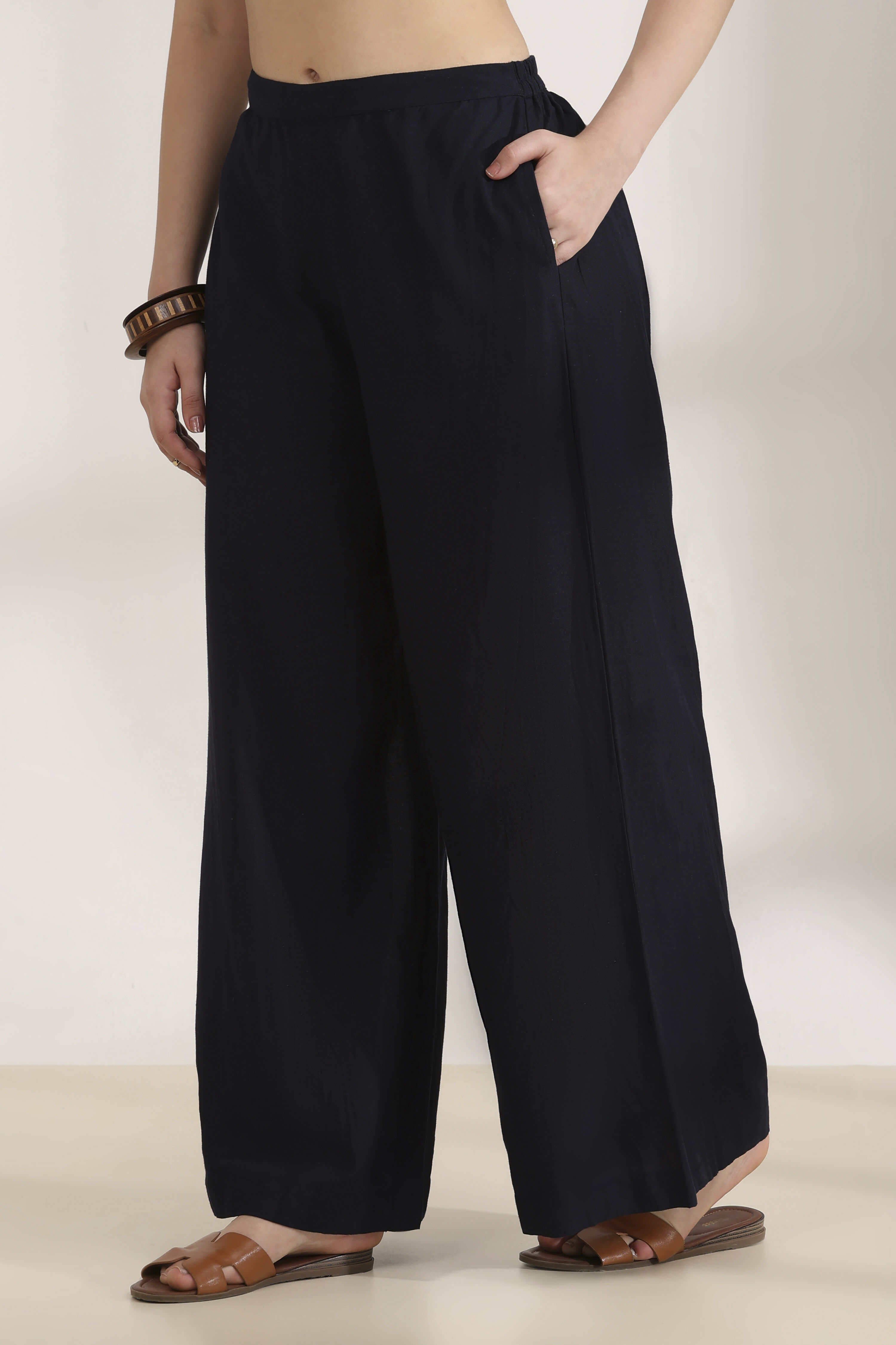 Navy Rayon Straight Palazzos image number 2